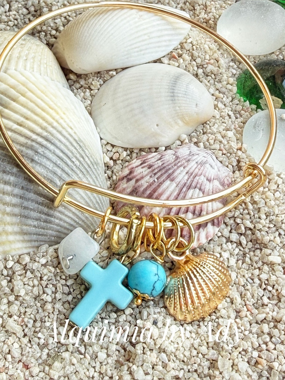 Gold Charms Bracelet + WHITE AGATE + TURQUOISE + SHELLS 🐚 CROSS